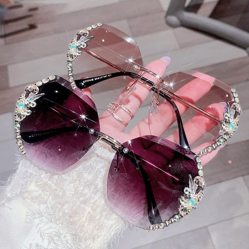Frameless Gradient Lens Rhinestone Solglasögon