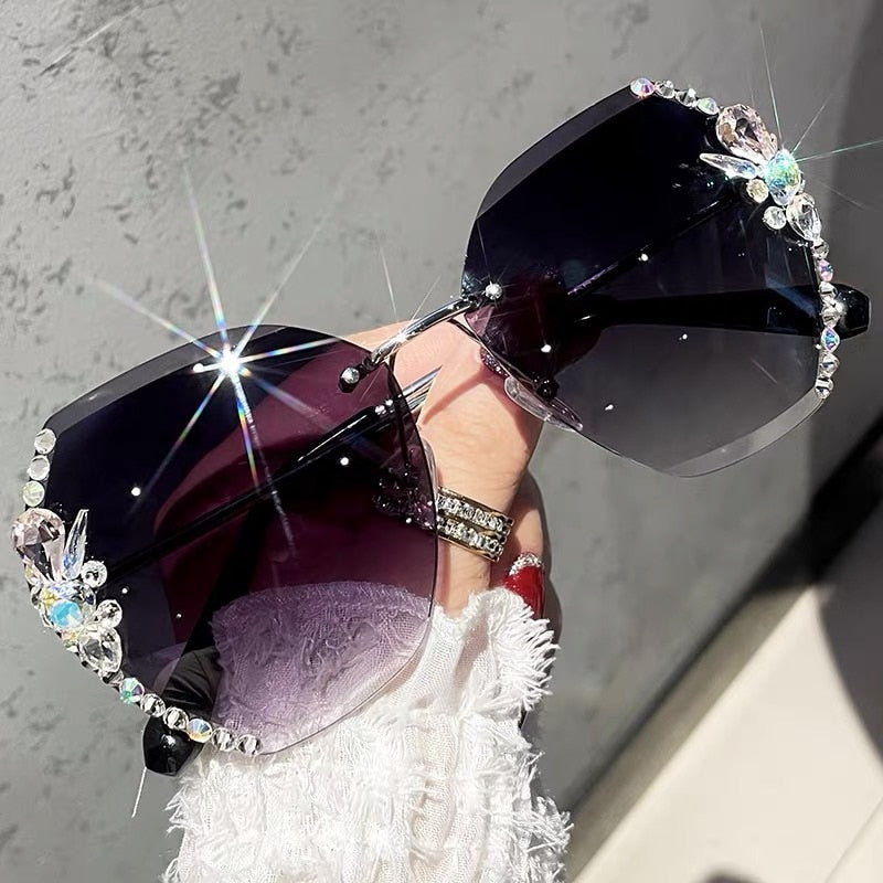 Frameless Gradient Lens Rhinestone Solglasögon