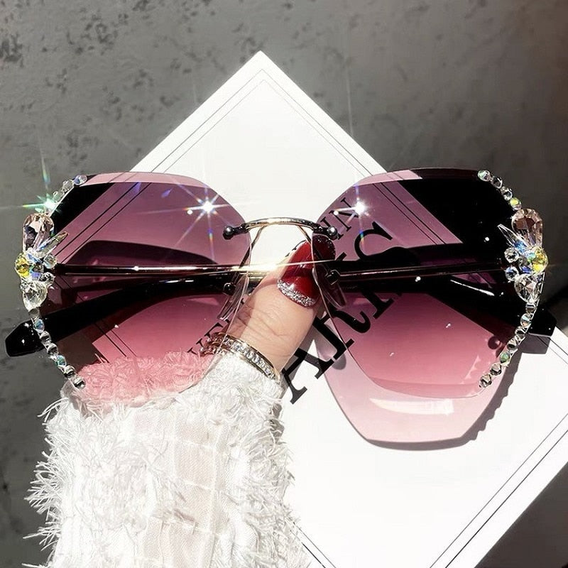 Frameless Gradient Lens Rhinestone Solglasögon